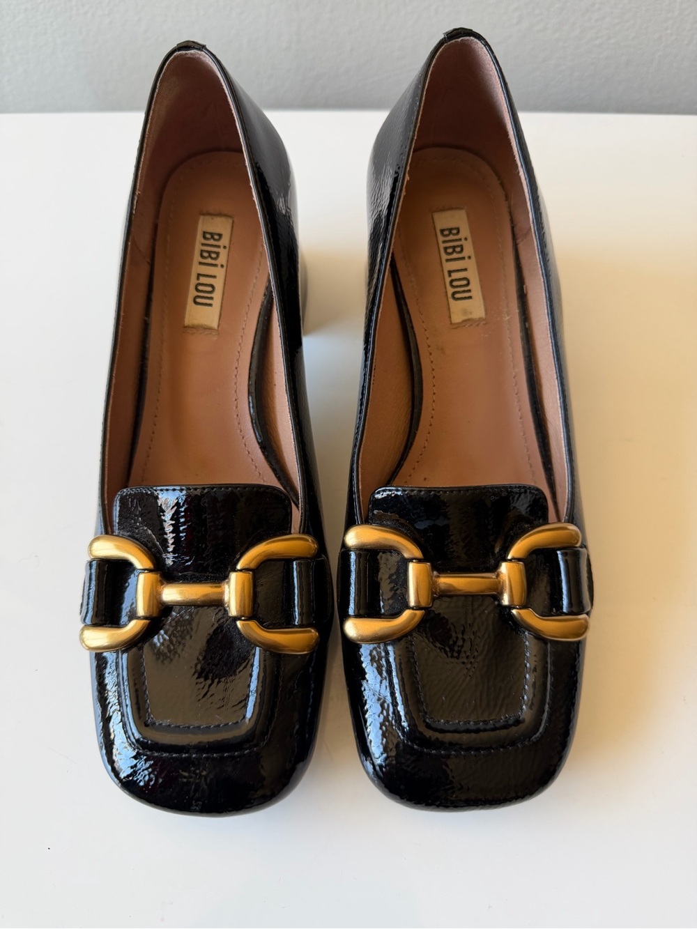 BIBI LOU Black Patent Loafers with Gold Hardware